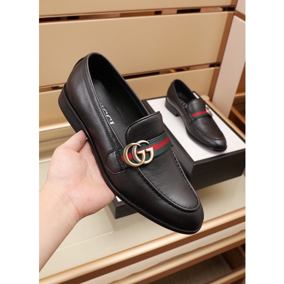 Giày tây lười công sở cho nam logo thương hiệu Gucci GG/GC da thật cao cấp màu đen trơn lịch lãm