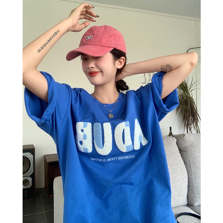 Porozi Áo thun  cổ tròn thêu chữ phong cách Hàn Quốc cho nữ