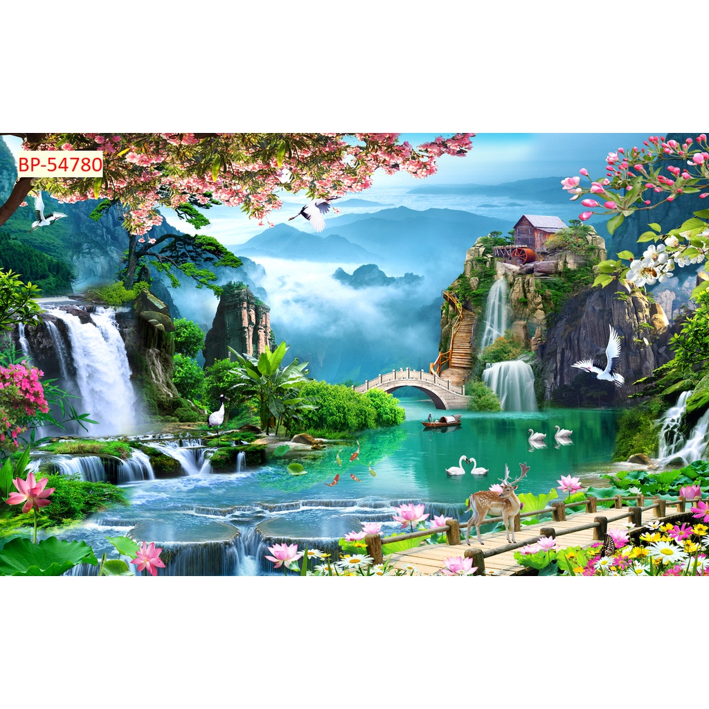 Tranh dán tường 3D phòng khách mẫu Sơn thuỷ hữu tình nhiều kích thước hình ảnh sắc nét