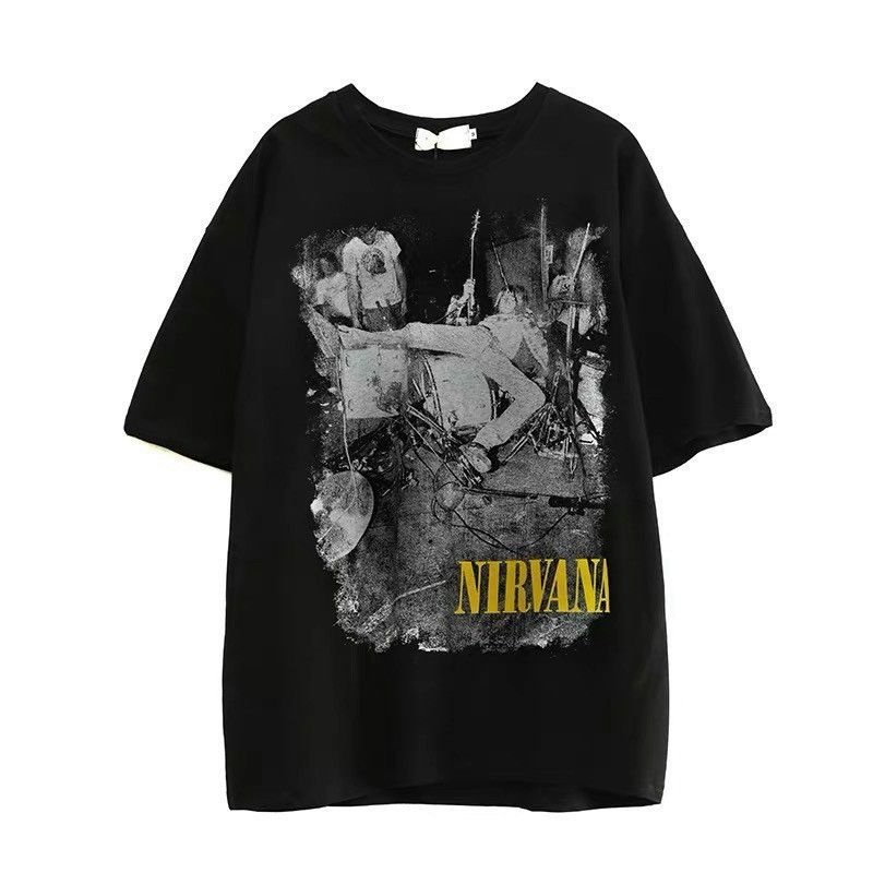 [Ảnh thật phía sau]Áo thun from rộng unisex nam nữ in chữ vàng NIRVANA