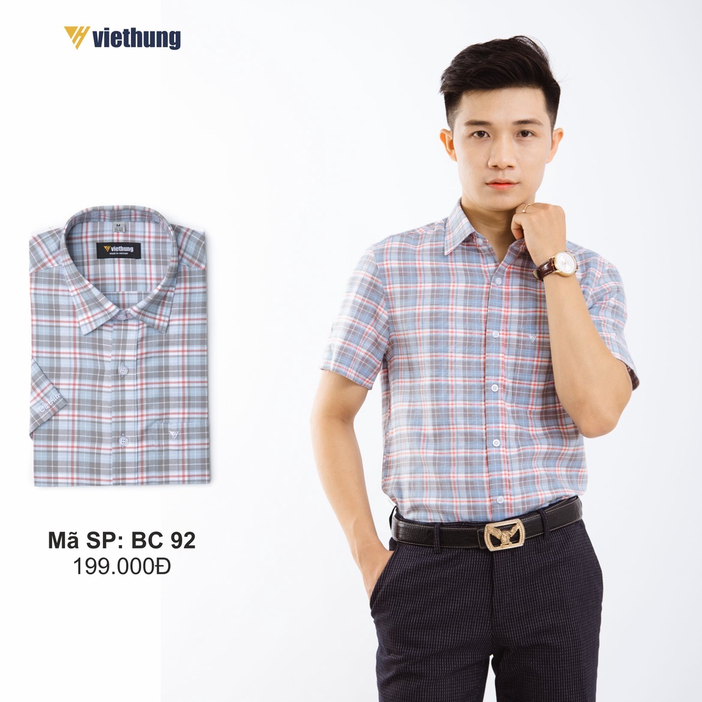 Áo Sơ Mi Nam Công Sở Thương Hiệu Việt Hưng Họa Tiết Caro Màu Xám Ngắn Tay Vải Cotton - BC92
