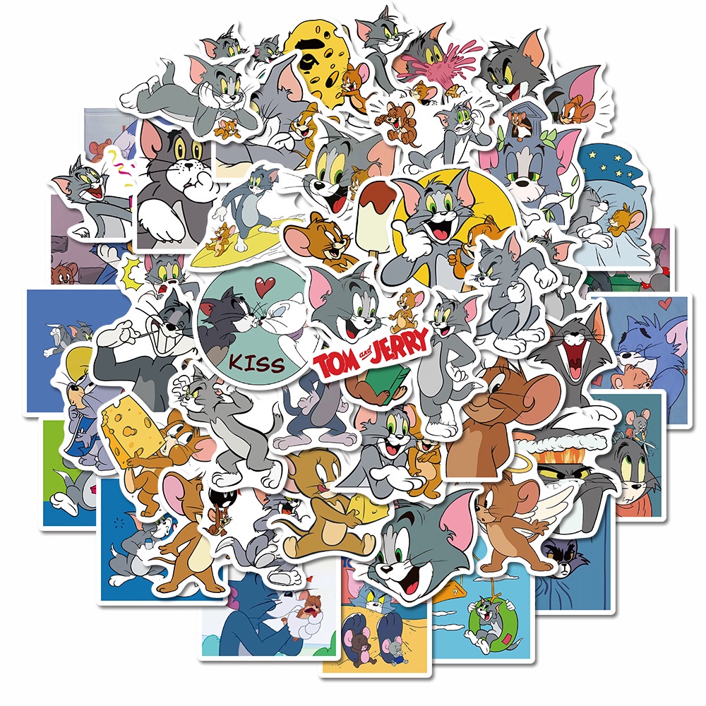 Set 50 chiếc sticker chống thấm nước TOM AND CHERRY - MÈO VÀ CHUỘT dán mũ bảo hiểm, vali, laptop, xe, đàn