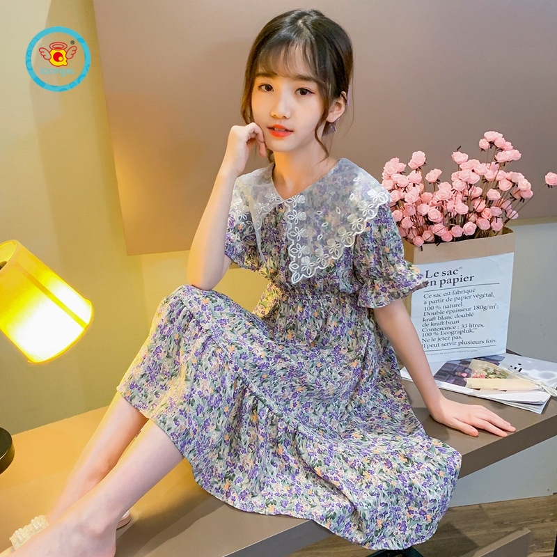 Đầm hoa IQ Angel cổ búp bê phối ren thời trang cho bé gái