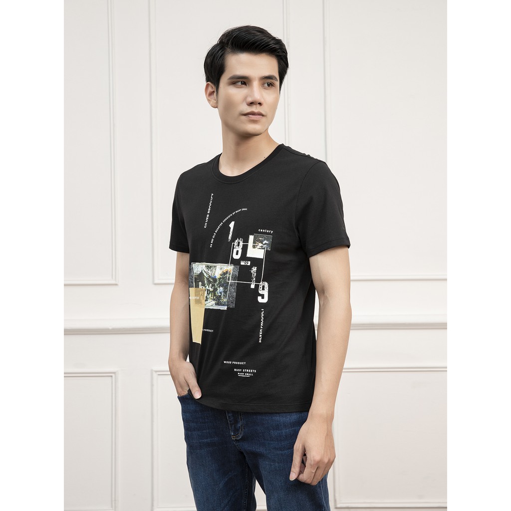 Áo Thun Nam Tay Ngắn Không Cổ Aristino ATS002S1 Màu Đen 9 Dáng Regular Fit Cổ Tròn Vải Cotton Mịn Mát