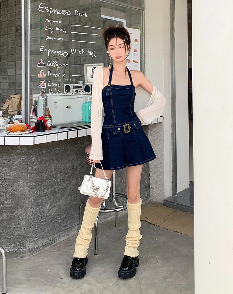 Đầm Denim / Áo Cardigan Hai Dây Xẻ Tà Phong Cách Mới 56034