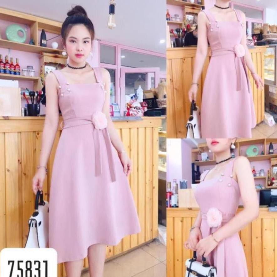 ĐẦM HAI DÂY ĐÍNH NGỌC THẮT NƠ EO KÈM BÔNG CAO CẤP