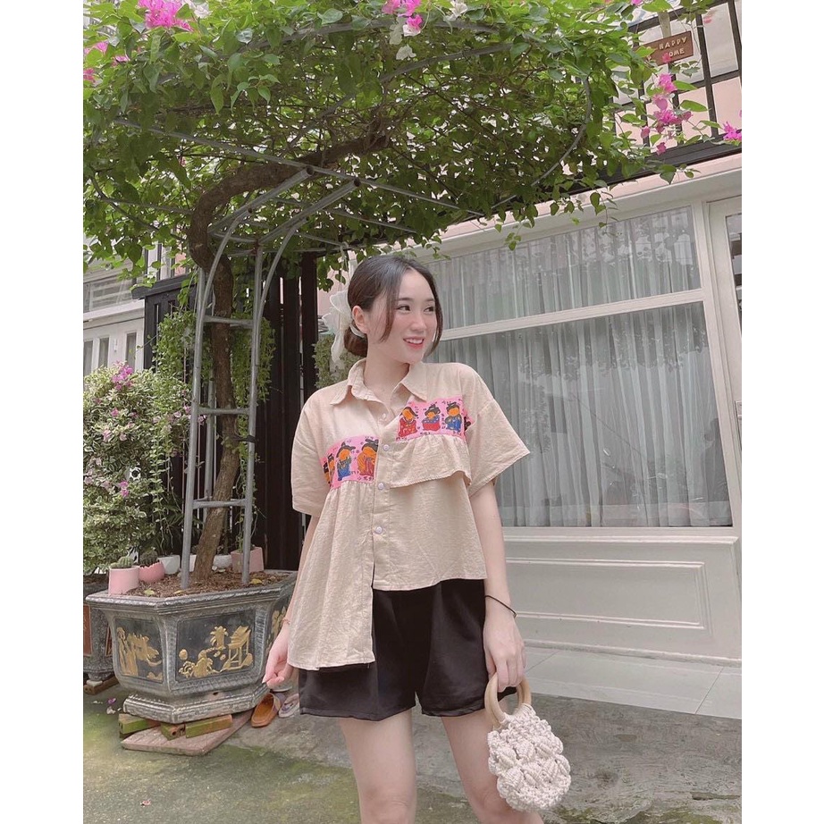 Set áo sơ mi lụa lệch vạc, quần thun ngố ôm màu đen, mặc đi chơi, mặc ra ngoài, mặc ở nhà cực xinh và dễ thương