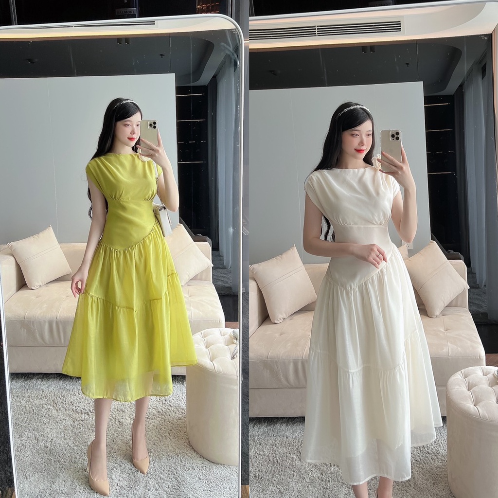 🍀 VÁY đầm voan TƠ HAI LỚP TAY LIỀN GẮN HOA cổ thuyền sát nách xếp ly dáng dài sang chảnh dự tiệc du lịch công sở