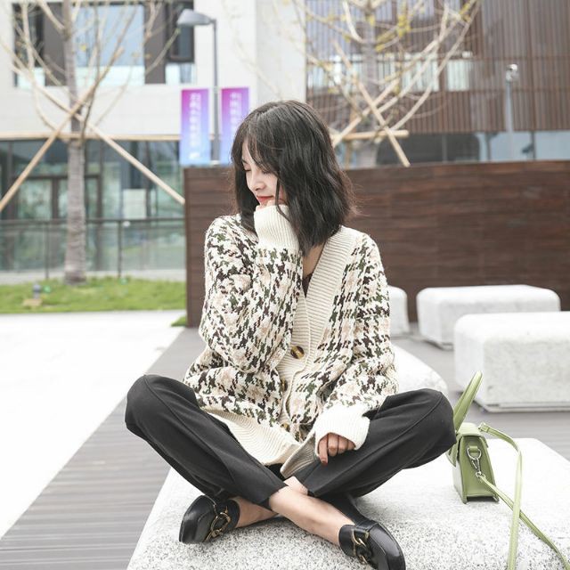 Áo khoác len cardigan thu đông họa tiết houndstooth | BigBuy360 - bigbuy360.vn