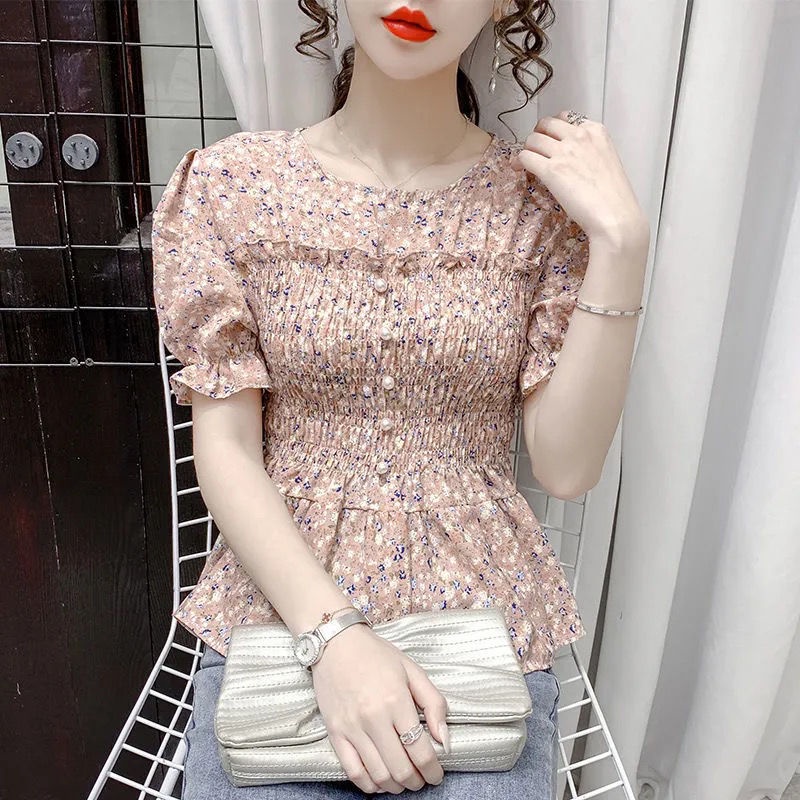 Áo Chiffon Hoa Ngắn Tay Xếp Ly Thời Trang Phương Tây