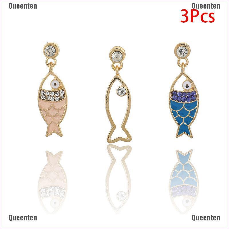 Set 3 bông tai hình con cá đính đá thủy tinh phong cách bohemian cho nữ
