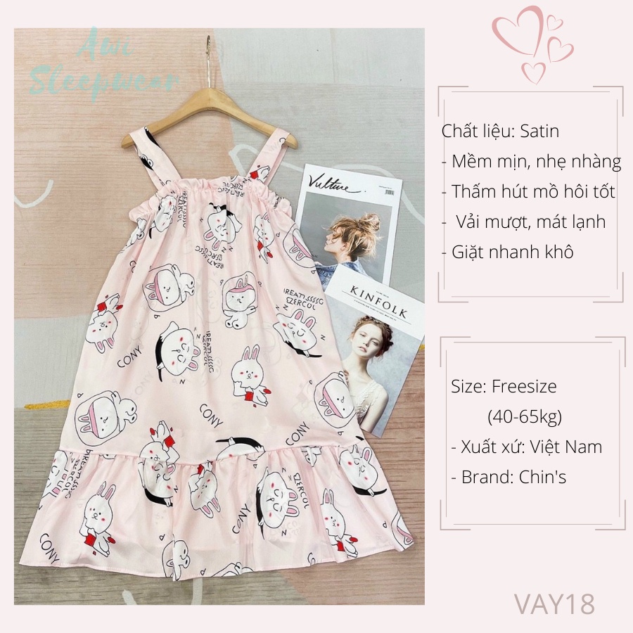 Váy Ngủ 2 Dây Hình Thỏ Cony Dễ Thương Chất Satin Mát Lạnh - Awi Sleepwear