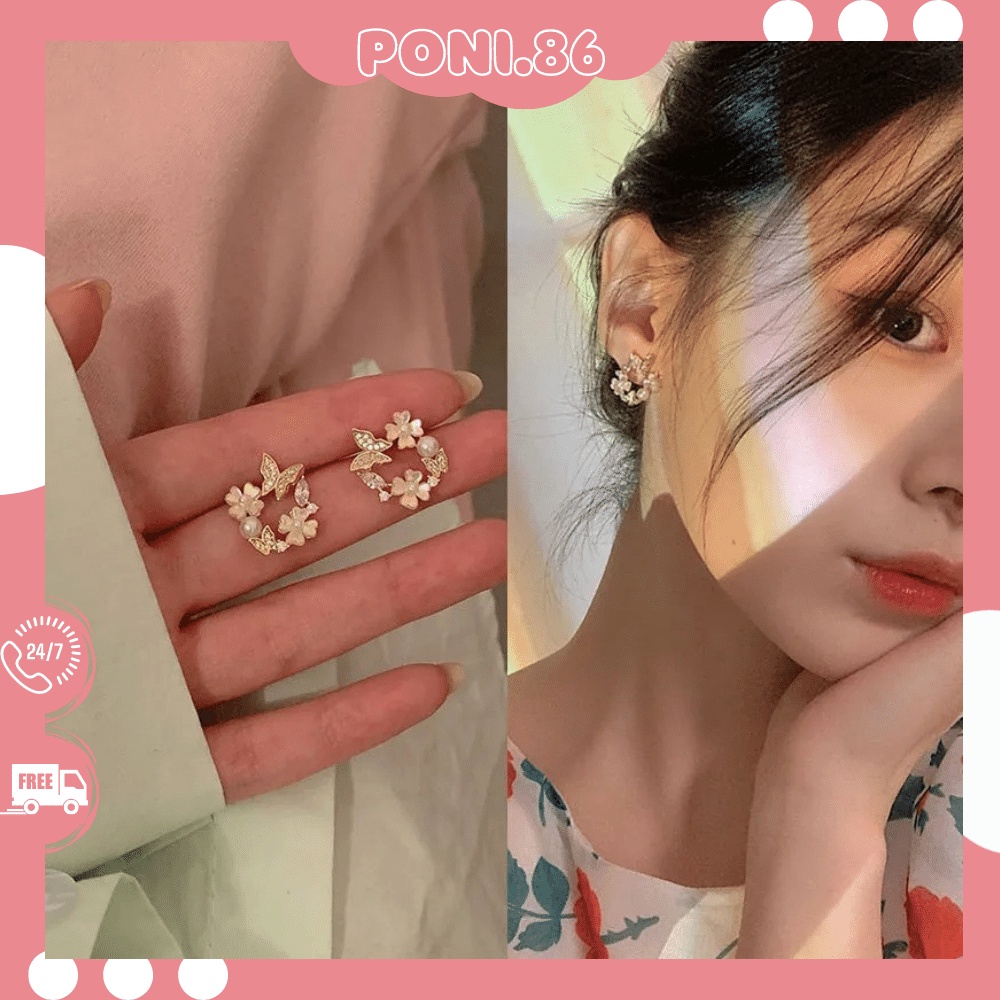 Hoa tai khuyên tai hình bướm gắn đá ngọc trai nhân tạo kiểu dáng sang chảnh quý phái