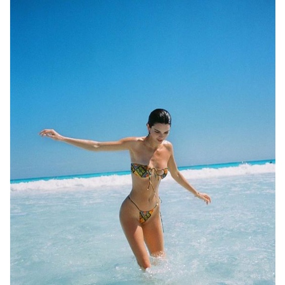 Bikini Kendall 2 Mảnh Quay Ngực Thổ Cẩm Sexy Quần Cạp Cao Nâu Tây