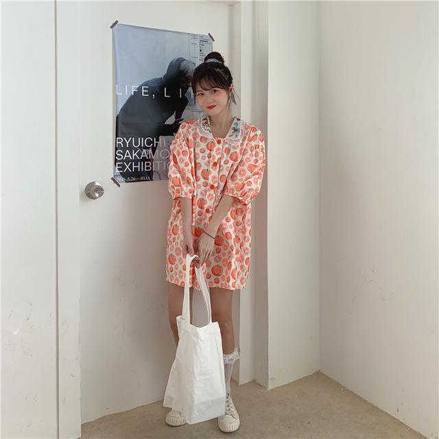 Áo sơ mi cổ búp bê tay phồng thêu họa tiết thời trang đáng yêu