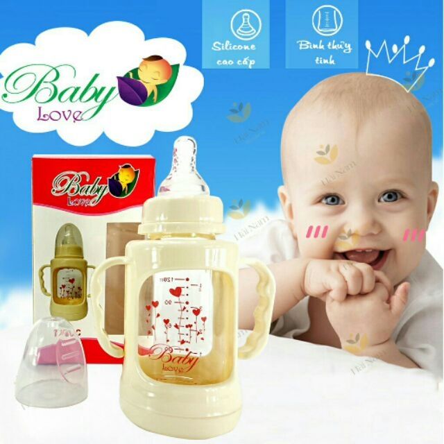 Bình sữa Baby Love thuỷ tinh 120 ml có tay cầm hàng Thái Lan nhựa chống vỡ quanh bình