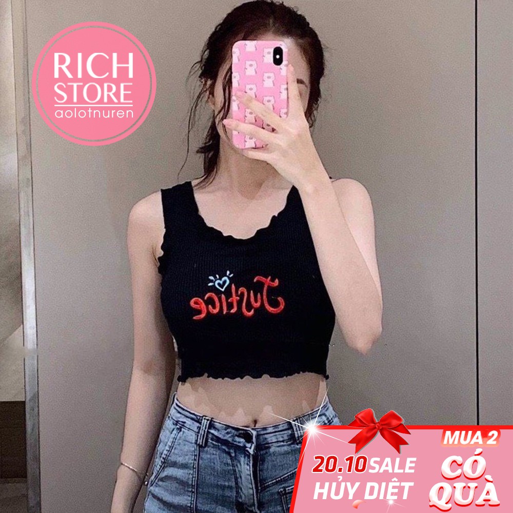 Áo croptop thêu chữ justice 4 màu có mút LIKANO CRT60
