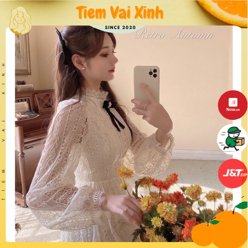 Váy Ren Dài 🍊 [Tiệm Vải Xinh] 🍊 Váy Dài Qua gối Ren Cổ Nơ - Hàng Quảng Châu - Mùa hè 2021