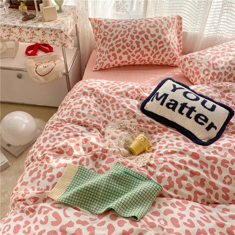 Bộ chăn ga gối Cotton Poly hoạ tiết da beo hồng xanh MÂY BEDDING đủ kích thước nệm