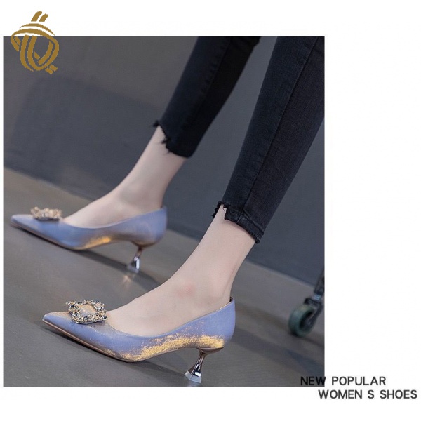 Giày Cao Gót 5cm Mũi Nhọn Bằng Satin Phong Cách Mùa Thu Mới 2021