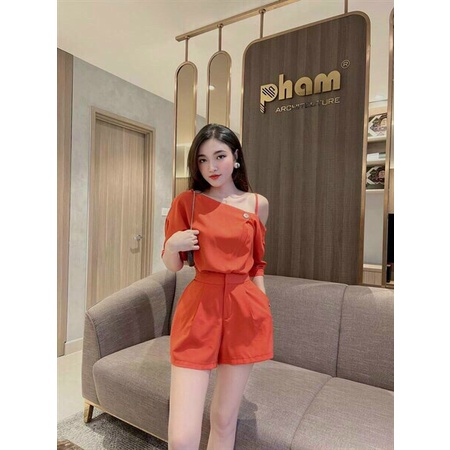 (Sale FreeShip) Sét bộ đùi nữ,áo lệch vai mix quần có túi,chất đũi mềm mát hàng chuẩn from diện đi đâu cũng xinh