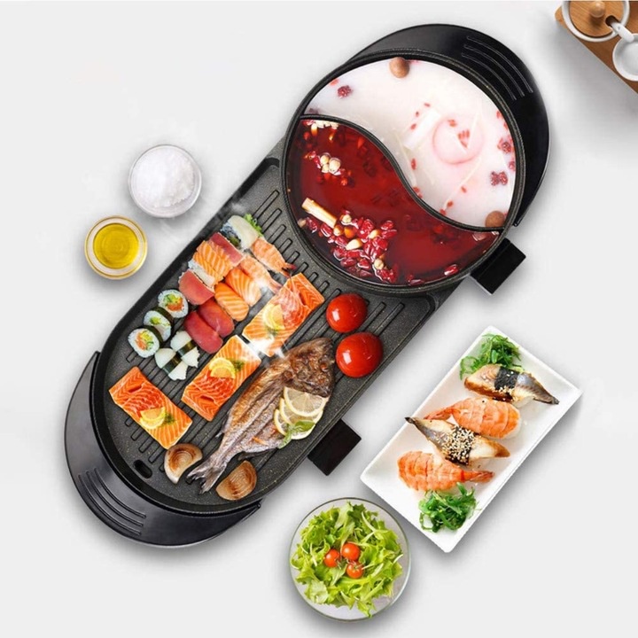 Bếp lẩu nướng điện đa năng kết hợp 2 trong 1 chống dính, công suất 2200W, Electric Grill with Hot Pot