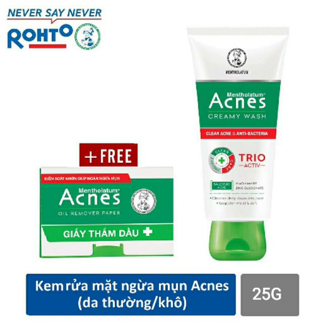 Acnes Creamy Wash - Kem Rửa Mặt Ngừa Mụn + Tặng kèm Giấy Thấm Dầu Acnes 50 tờ