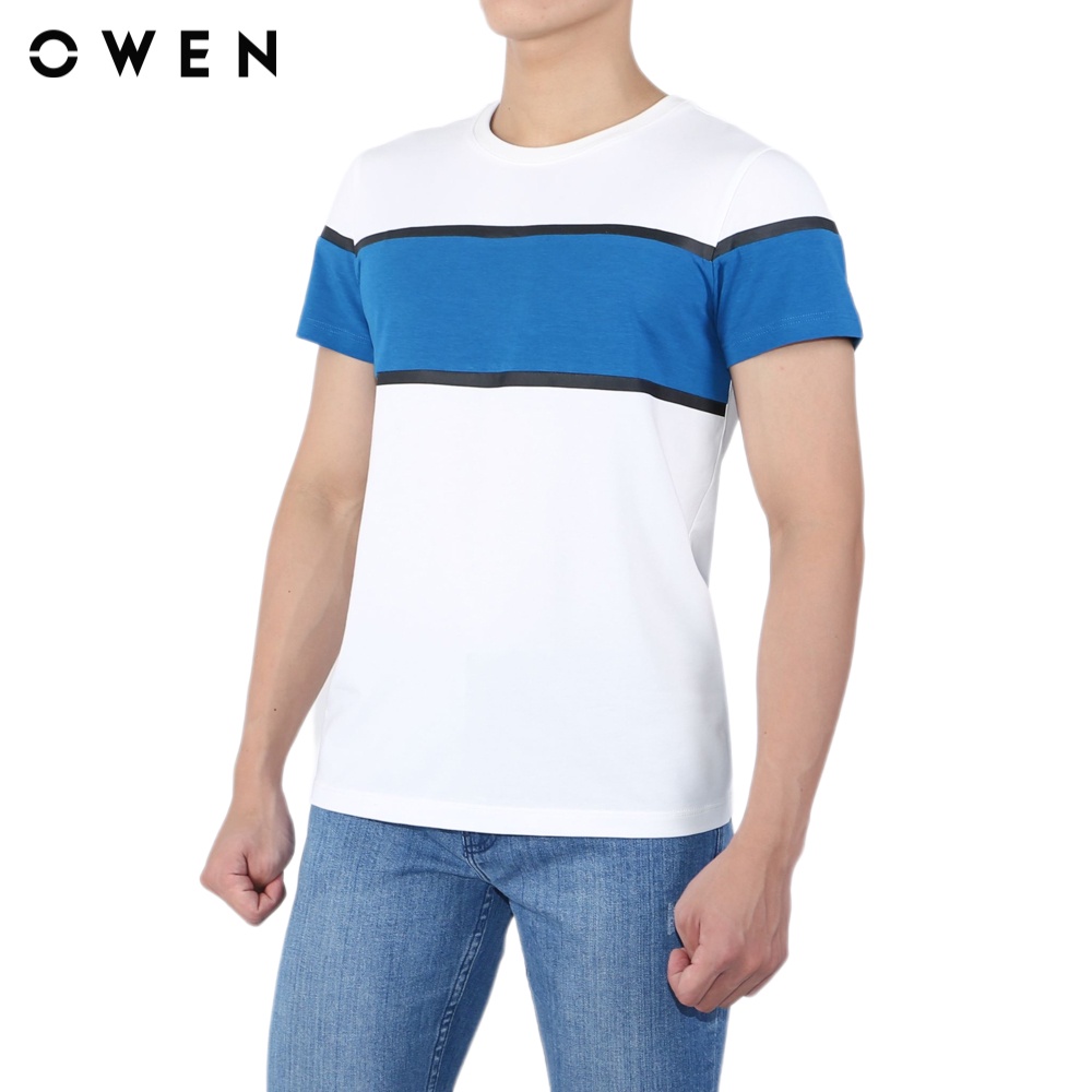 Áo Tshirt ngắn tay Nam Owen Cotton Body Fit Xanh trắng - TSN220377