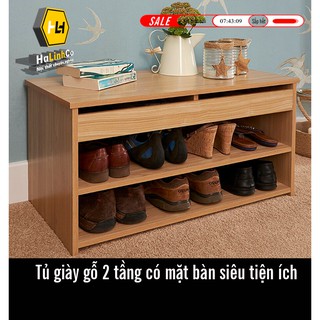 Tủ giày gỗ 2  tầng thông minh có mặt bàn cánh lật có ngăn kéo tiện tích Kệ gỗ như hình tiện dung