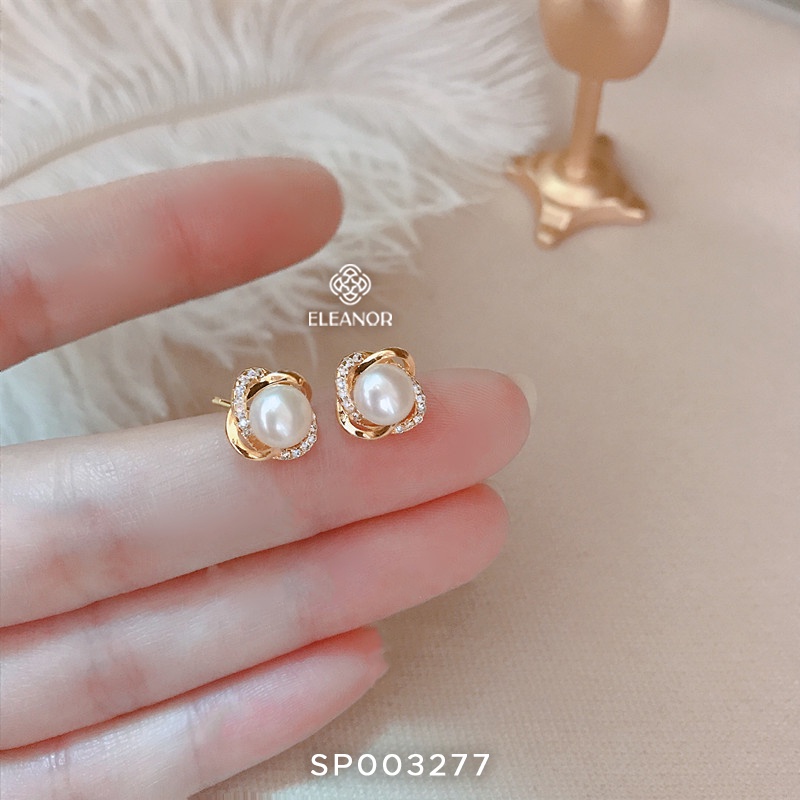 Bông tai nữ chuôi bạc 925 Eleanor Accessories đính đá viền xoắn ngọc trai nhân tạo phụ kiện trang sức 3277