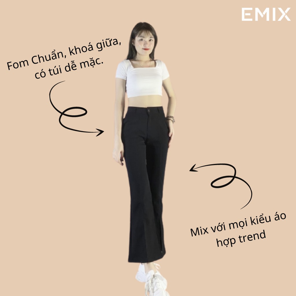 Quần tây nữ công sở ống loe xẻ trước EMIX (màu đen), cạp cao, dáng dài 92cm, khóa trước, xẻ vừa, chất tuyết mưa 2026