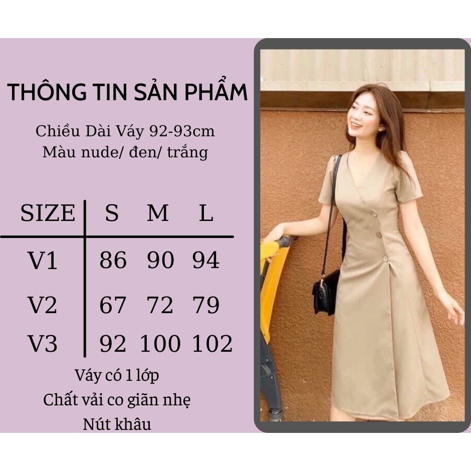 Đầm công sở vạt chéo SANMAY đầm cổ chữ V nút dừa vải cotton lạnh, có 3 màu đen trắng da VD032