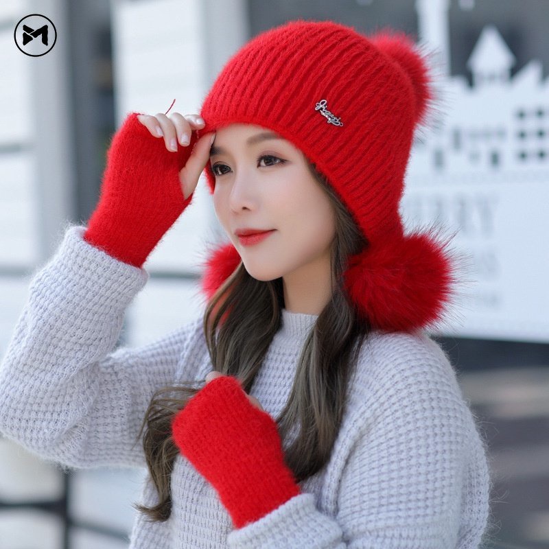 Set Mũ Len Kèm Găng Tay Giữ Ấm Mùa Đông Thời Trang Dành Cho Nữ