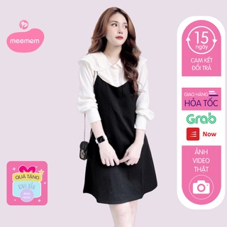 Váy bầu đẹp - đầm bầu công sở thời trang màu đen giả yếm cổ bèo trắng BN57 - Meemom