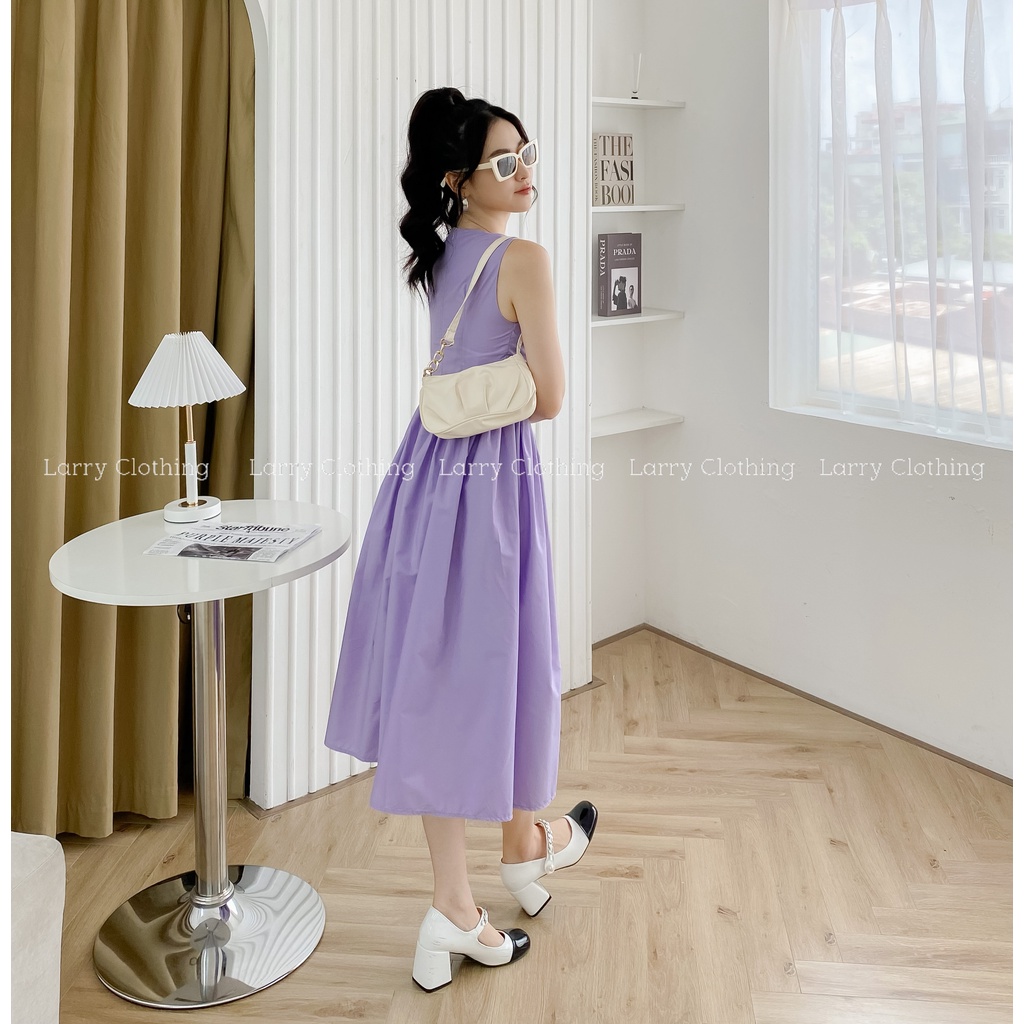 Đầm thiết kế nữ váy ba lỗ dáng dài xếp ly cổ vuông chiết eo vải thô hàn trơn thời trang thiết kế Larry Clothing V553