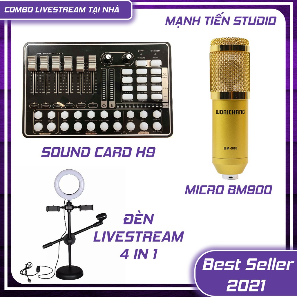 Combo Sound Card H9 + Micro BM900 - Đèn Livestream 4 in 1- thu âm, hát karaoke gia đình, livestream bán hàng,quay tiktok