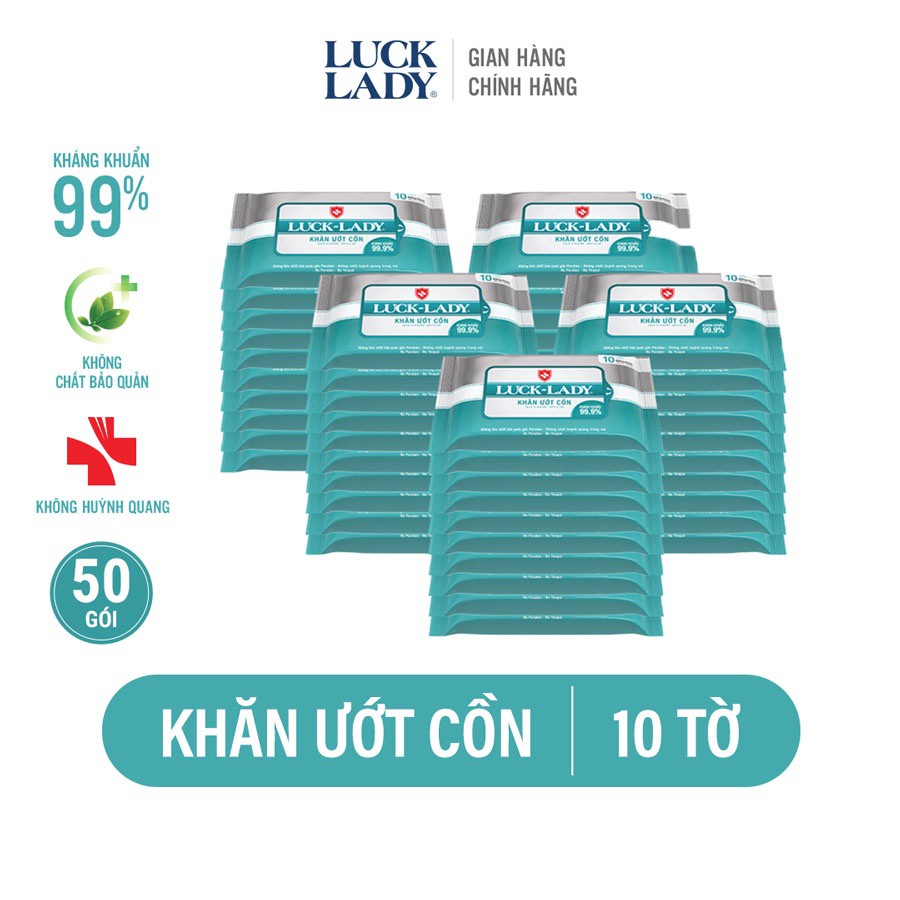 Khăn ướt cồn kháng khuẩn LuckLady 10 tờ/gói - Combo 50 gói