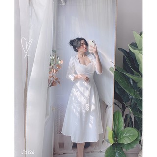 (SALE XẢ HÀNG) Đầm Midi Trắng Thắt Nơ Lưng
