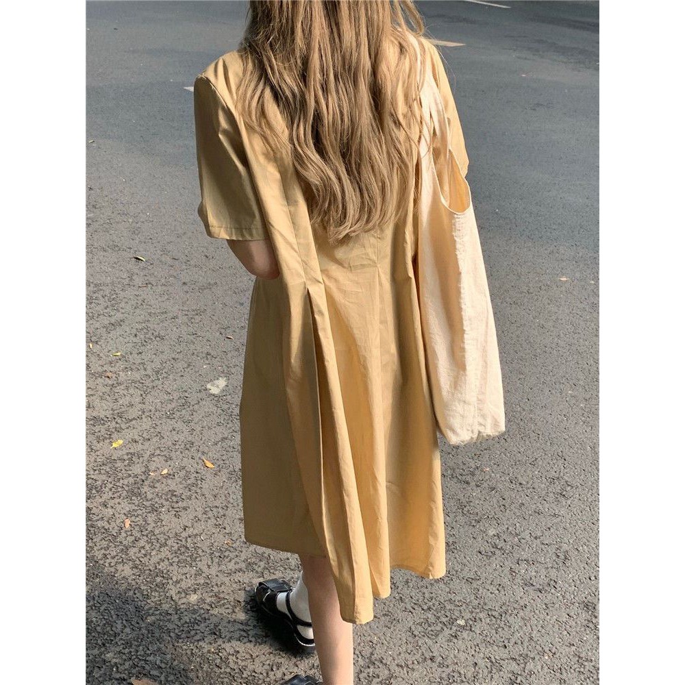 Đầm polo cổ sơ mi thô túi ngực xếp ly eo cộc tay ulzzang chất thô