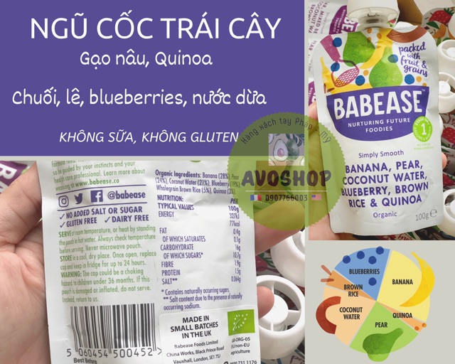 (Date 2021) Ngũ cốc trái cây hữu cơ từ quinoa và gạo nâu Bebease uk (4M+) KHÔNG SỮA KHÔNG GLUTEN