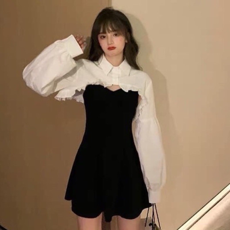Set áo croptop sơ mi bèo trắng dài tay mix váy 2 dây xòe thời trang nữ diện thu