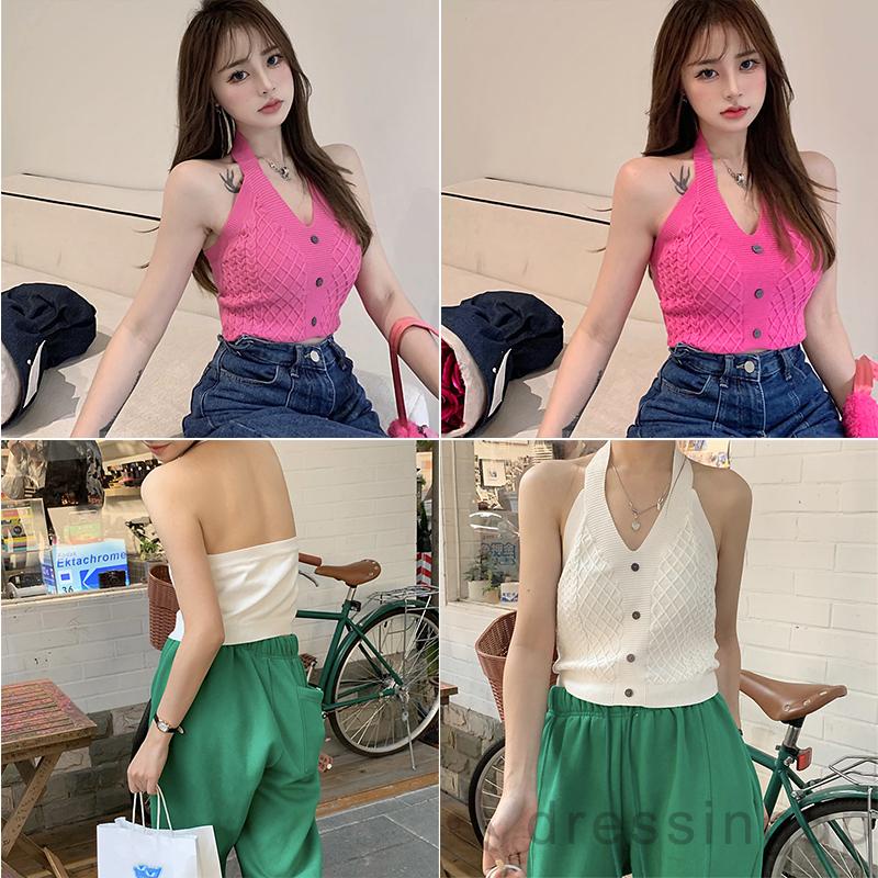 Áo Dệt Kim Sát Nách Cổ Chữ V Hở Lưng Màu Trơn Thời Trang Mùa Hè Cho Nữ