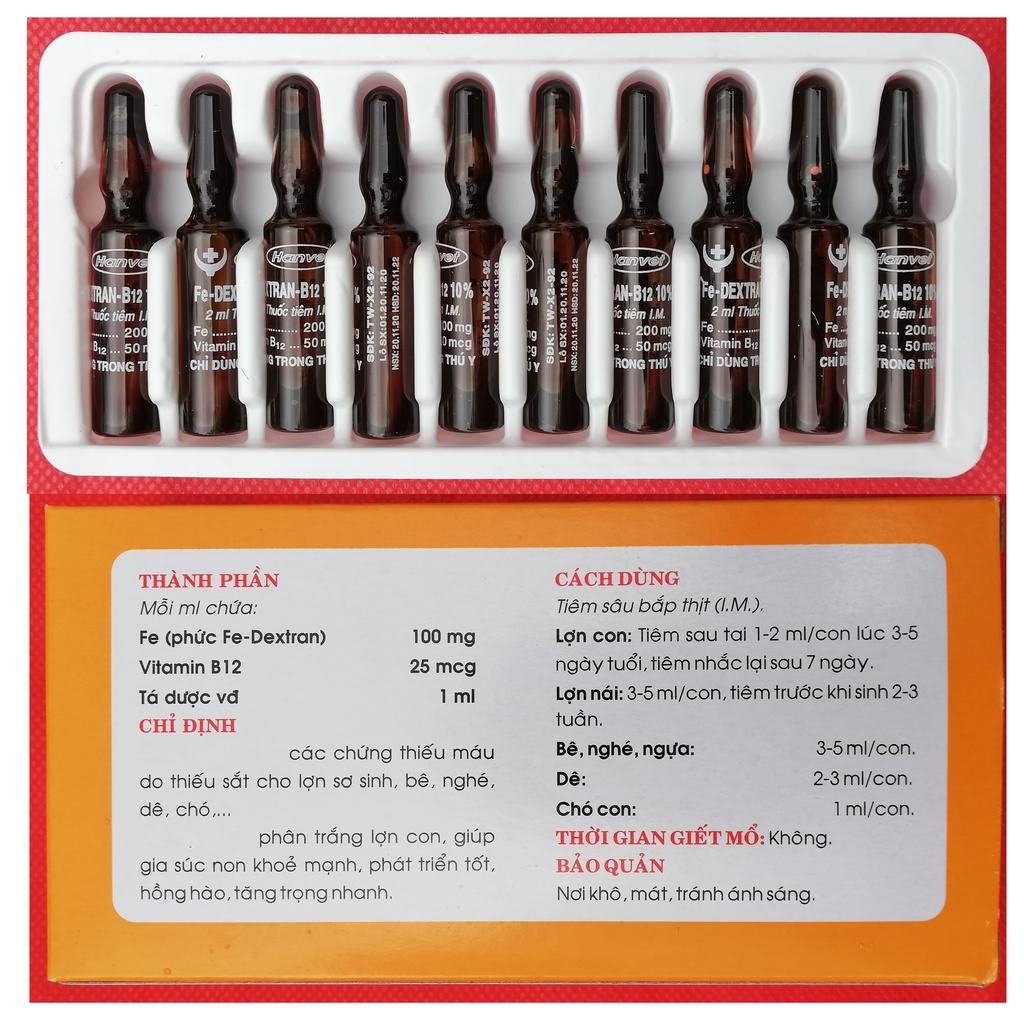 1 vỉ 10 ống Sắt 2 ml Fe-Dextran-B12 10% Dùng cho lợn con, lợn nái, trâu, bò, ngựa, dê, gia súc và chó mèo thiếu máu