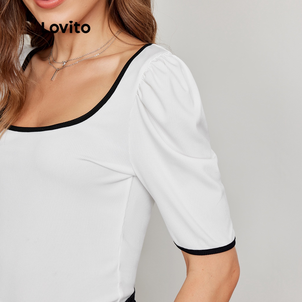 Lovito Áo thun tay phồng tương phản trơn thanh lịch L24ED067 (Đen và Trắng)