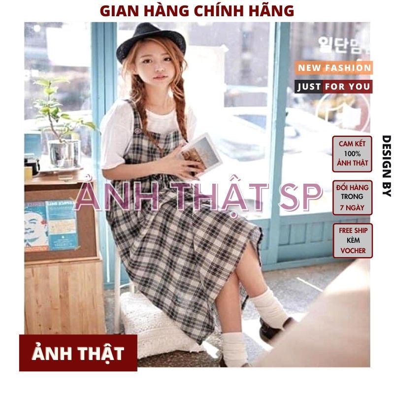Set váy yếm kẻ 2 dây kèm áo  dáng xòe kiểu dáng ulzaang hàn quốc hot trend