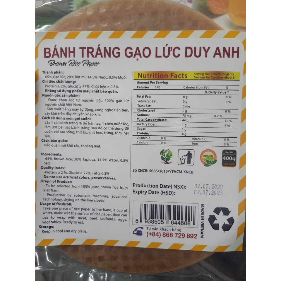 Bánh tráng gạo lứt dạng tròn Duy Anh Food size 22cm 400gr