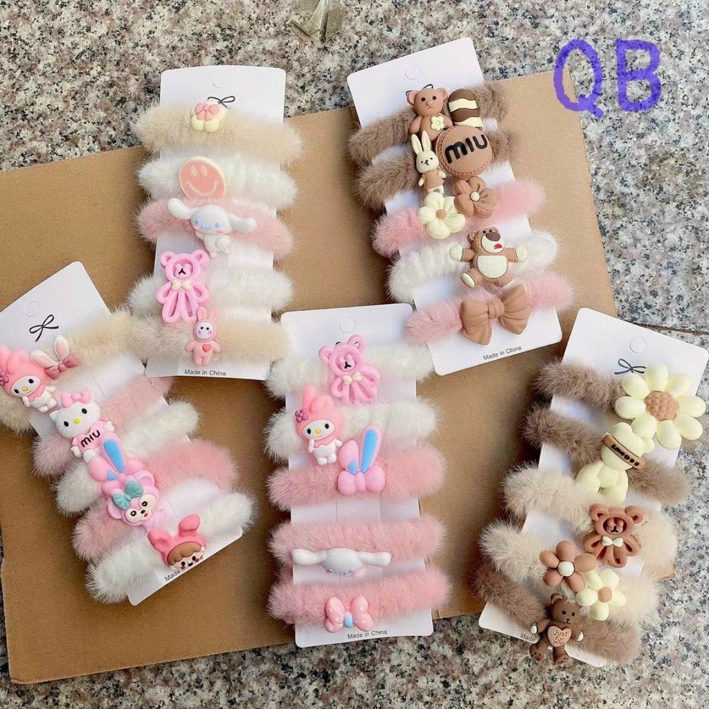 Set 5 Chun Buộc Tóc Lông Nhung, Dây Cột Tóc Đính Icon Siêu Xinh