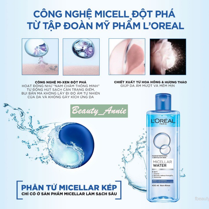 Nước Tẩy Trang Loreal Micellar Water 400ml 🛵𝙁𝙧𝙚𝙚𝙎𝙝𝙞𝙥🛵 💧Sạch sâu cho da dầu mụn da nhạy cảm💧