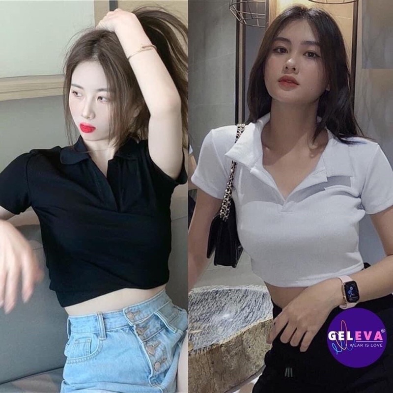 Áo kiểu croptop thun nữ cổ sơ mi polo