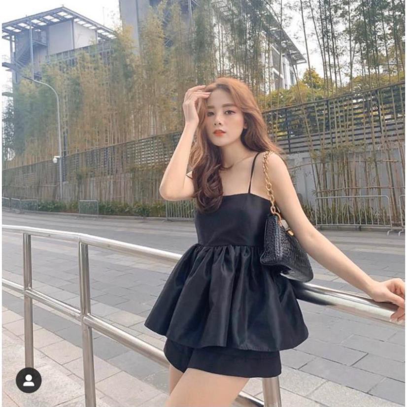 Sét bộ thời trang nữ mặc đi chơi chất lụa bóng có mút 2 dây đan sau lưng xoè dễ thương màu đen